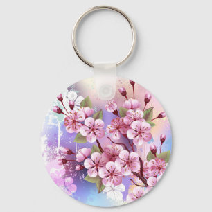 Pink Sakura on Painting Background Keychain