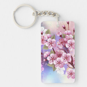 Pink Sakura on Painting Background Keychain