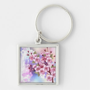 Pink Sakura on Painting Background Keychain