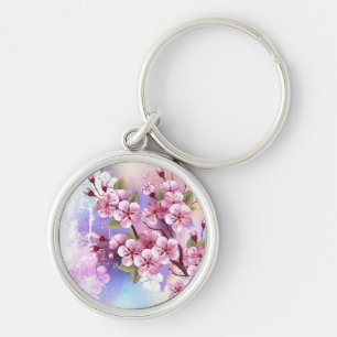 Pink Sakura on Painting Background Keychain