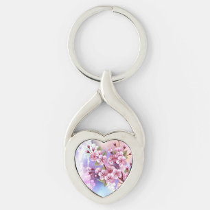 Pink Sakura on Painting Background Keychain