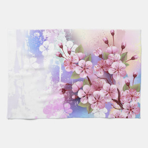 Pink Sakura on Painting Background Kitchen Towel