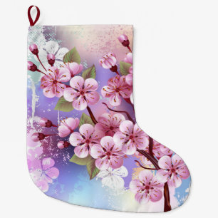 Pink Sakura on Painting Background Large Christmas Stocking