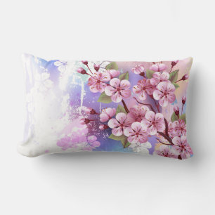 Pink Sakura on Painting Background Lumbar Pillow