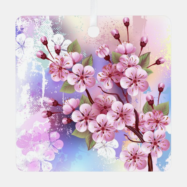 Pink Sakura on Painting Background Metal Ornament (Front)