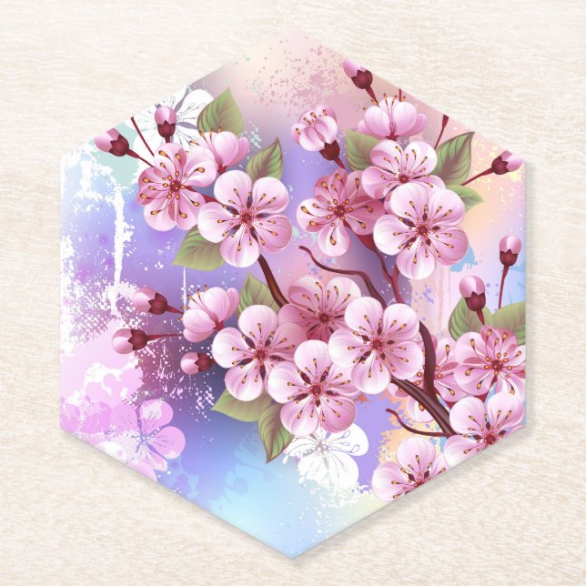 Pink Sakura on Painting Background Paper Coaster (Front)