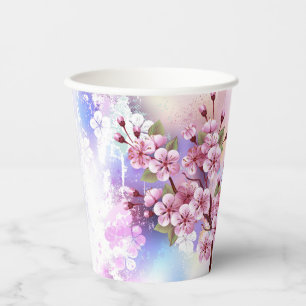 Pink Sakura on Painting Background Paper Cups