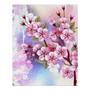 Pink Sakura on Painting Background Poster