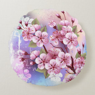 Pink Sakura on Painting Background Round Pillow