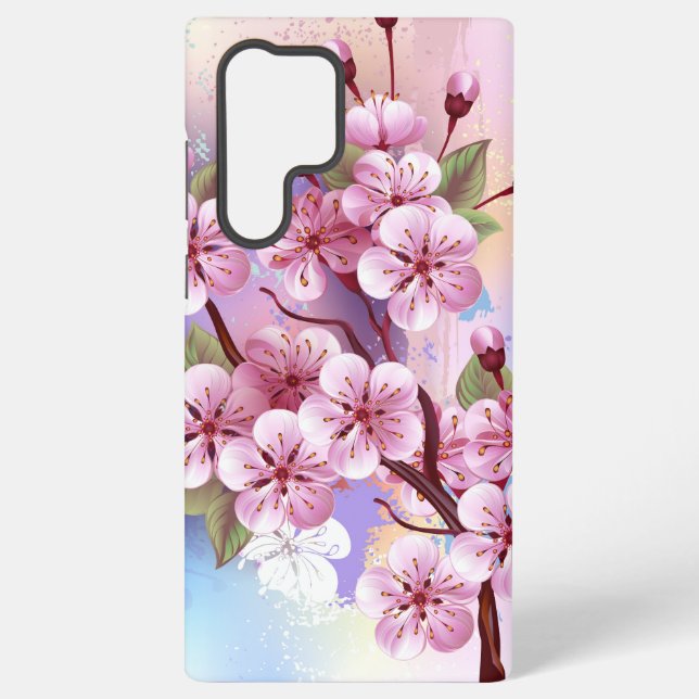 Pink Sakura on Painting Background Samsung Galaxy S22 Ultra Case (Back)