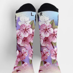 Pink Sakura on Painting Background Socks
