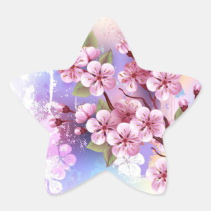 Pink Sakura on Painting Background Star Sticker