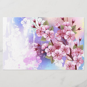 Pink Sakura on Painting Background Stationery