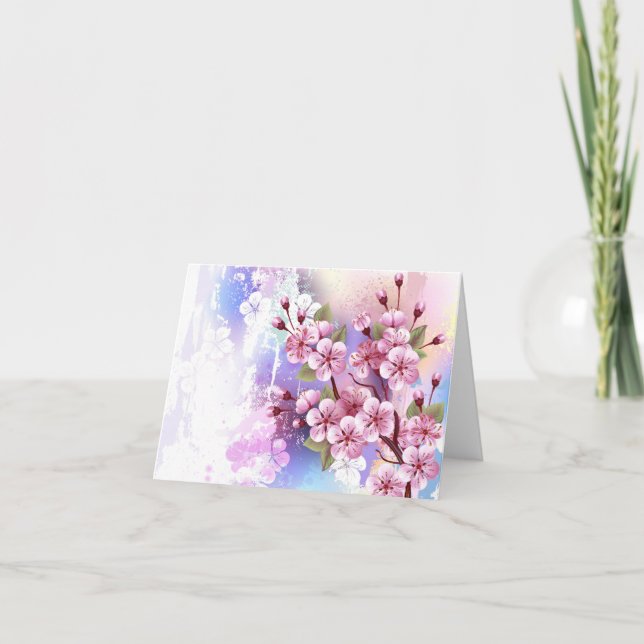Pink Sakura on Painting Background Thank You Card (Front)