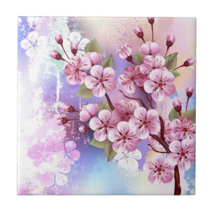 Pink Sakura on Painting Background Tile