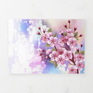 Pink Sakura on Painting Background Tri-Fold Announcement