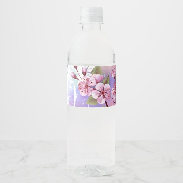 Pink Sakura on Painting Background Water Bottle Label (Front)