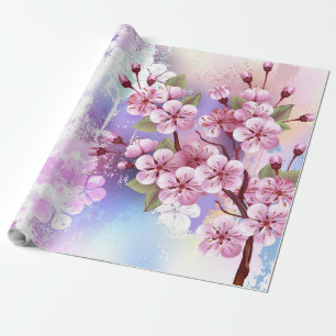 Pink Sakura on Painting Background Wrapping Paper