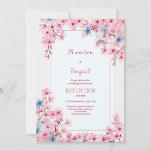 Pink Sakura Periwinkle Blue Romantic Frame Wedding Invitation