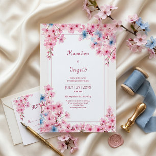 Pink Sakura Periwinkle Blue Romantic Frame Wedding Invitation