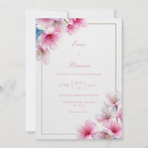 Pink Sakura Textured Paper Gold Frame Wedding Invitation