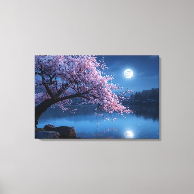 Pink Sakura Tree & Full Moon Night Canvas Print (Front)