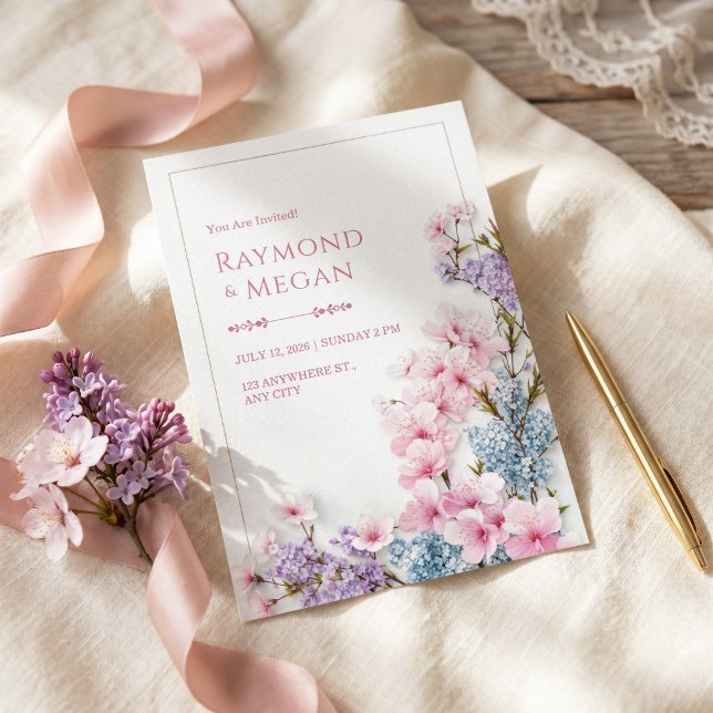 Pink Sakura White Plaster Botanical Border Wedding Invitation (Creator Uploaded)