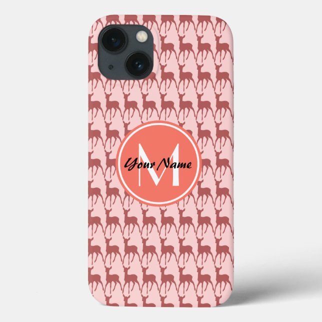 Pink Salmon Deer, Custom Monogram, Personalized Case-Mate iPhone Case (Back)