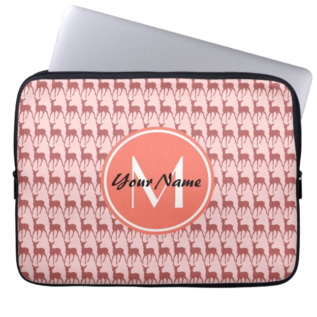 Pink Salmon Deer, Custom Monogram, Personalized Laptop Sleeve (Front)