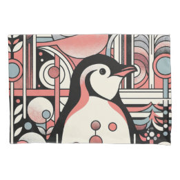 Pink Salmon Penguin Art In Geometry Retro Pastel  Pillowcase