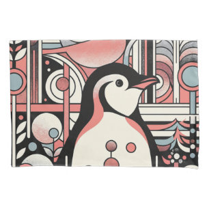 Pink Salmon Penguin Art In Geometry Retro Pastel  Pillowcase