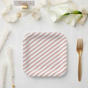 Pink Sand Colour Diagonal Stripes Striped Wedding Paper Plate