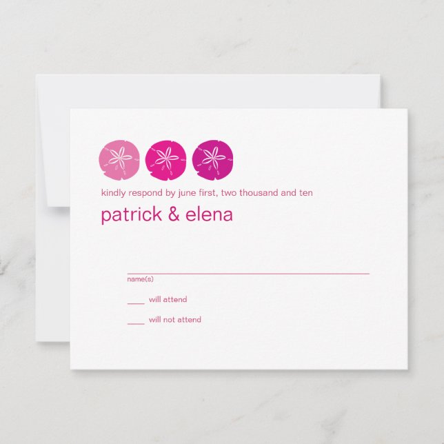Pink Sand Dollar, Beach Wedding RSVP card (Front)