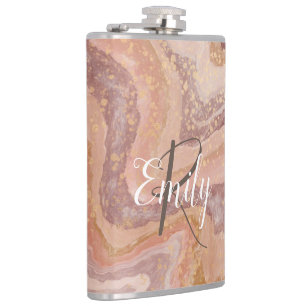 Pink Sandstone Agate Marble Abstract Name Monogram Hip Flask