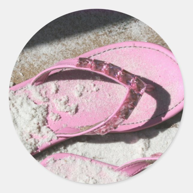 Pink sandy flip flop sandals on Florida beach Classic Round Sticker (Front)