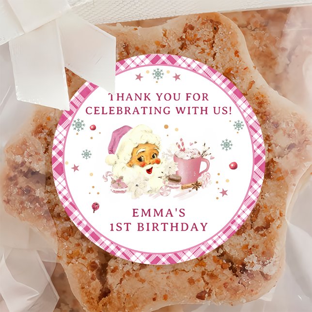 Pink Santa Christmas Cookie Birthday Party Classic Round Sticker (Creator Uploaded)