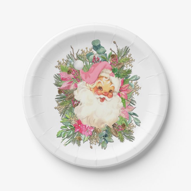 Pink Santa Claus and Floral Spray Paper Plate (Front)