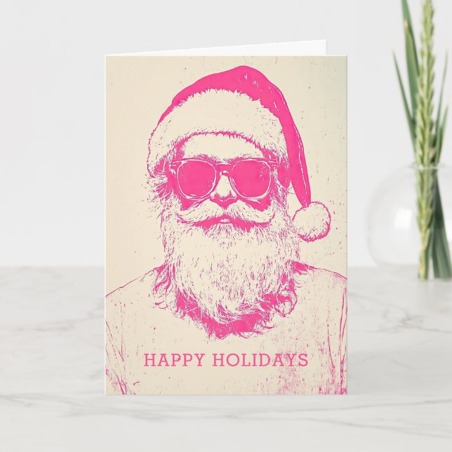Pink Santa Claus Fun Casual Christmas Holiday Card (Front)