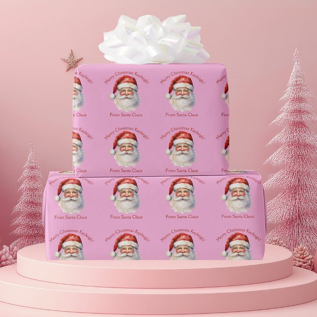 Pink Santa Claus Personalized Girls Christmas Wrapping Paper (Creator Uploaded)