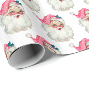 Pink Santa Face Claus Christmas Old Xmas Vintage Wrapping Paper