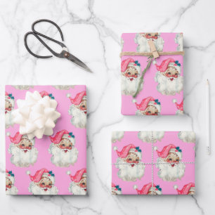 Pink Santa Face Claus Christmas  Old Xmas Vintage Wrapping Paper Sheet