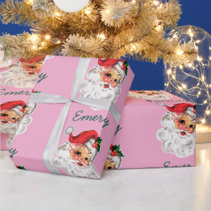 Pink Santa Face Personalized Name Christmas Custom Wrapping Paper