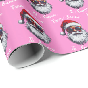 Pink Santa Gift Wrap, Custom Name Christmas Pink Wrapping Paper