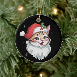 Pink Santa Hat Retro Cute Kitty Cat Christmas Ceramic Ornament