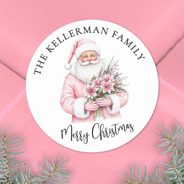 Pink Santa Merry Christmas Classic Round Sticker (Pink Santa Merry Christmas Classic Round Sticker)