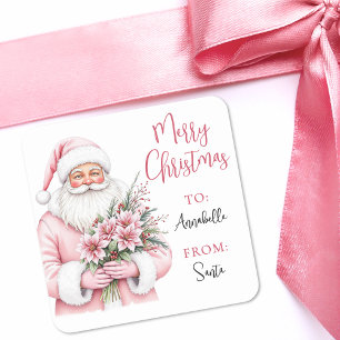 Pink Santa Merry Christmas Gift Tag Sticker