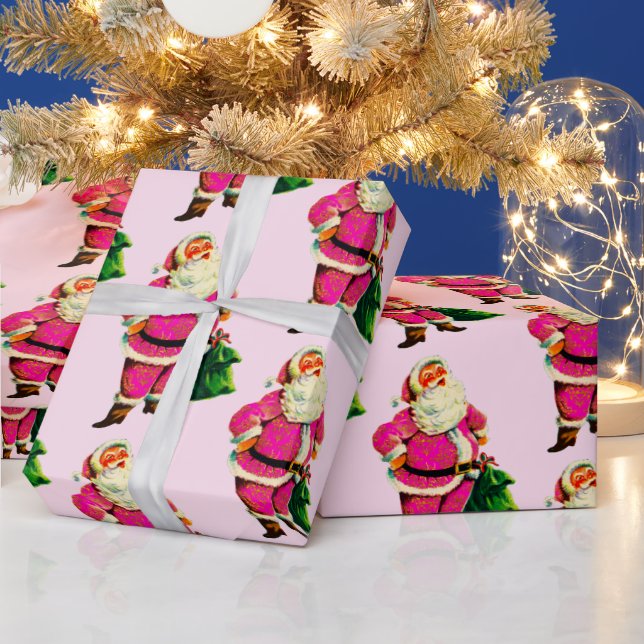 Pink Santa on Pale Pink Christmas Wrapping Paper (Holidays)