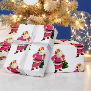 Pink Santa on White Christmas Wrapping Paper