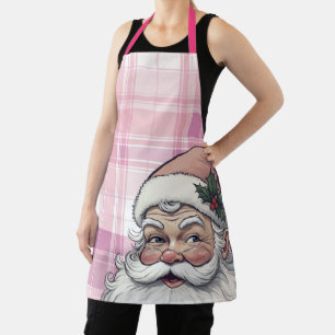 Pink Santa Plaid Christmas Apron