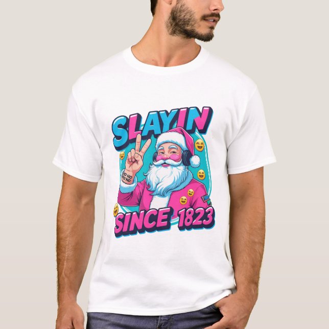 Pink Santa Slayin Christmas Tee for Gen Z & Family (Front)